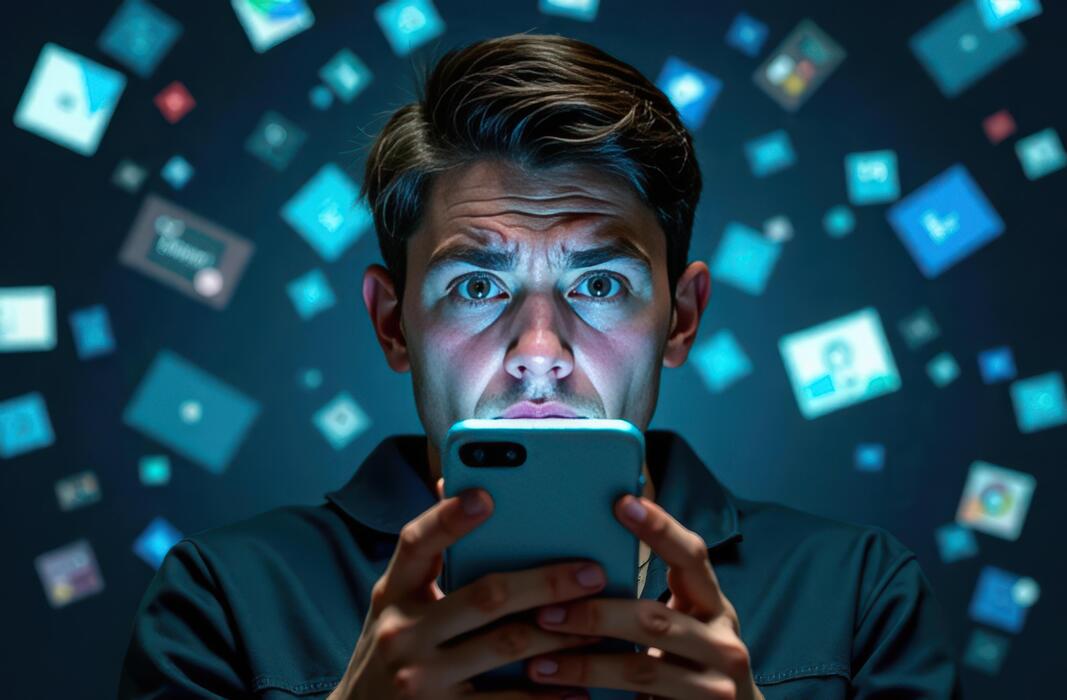 man intently engaging with smartphone amidst floating digital app icons concept of digital chaos information overload photo