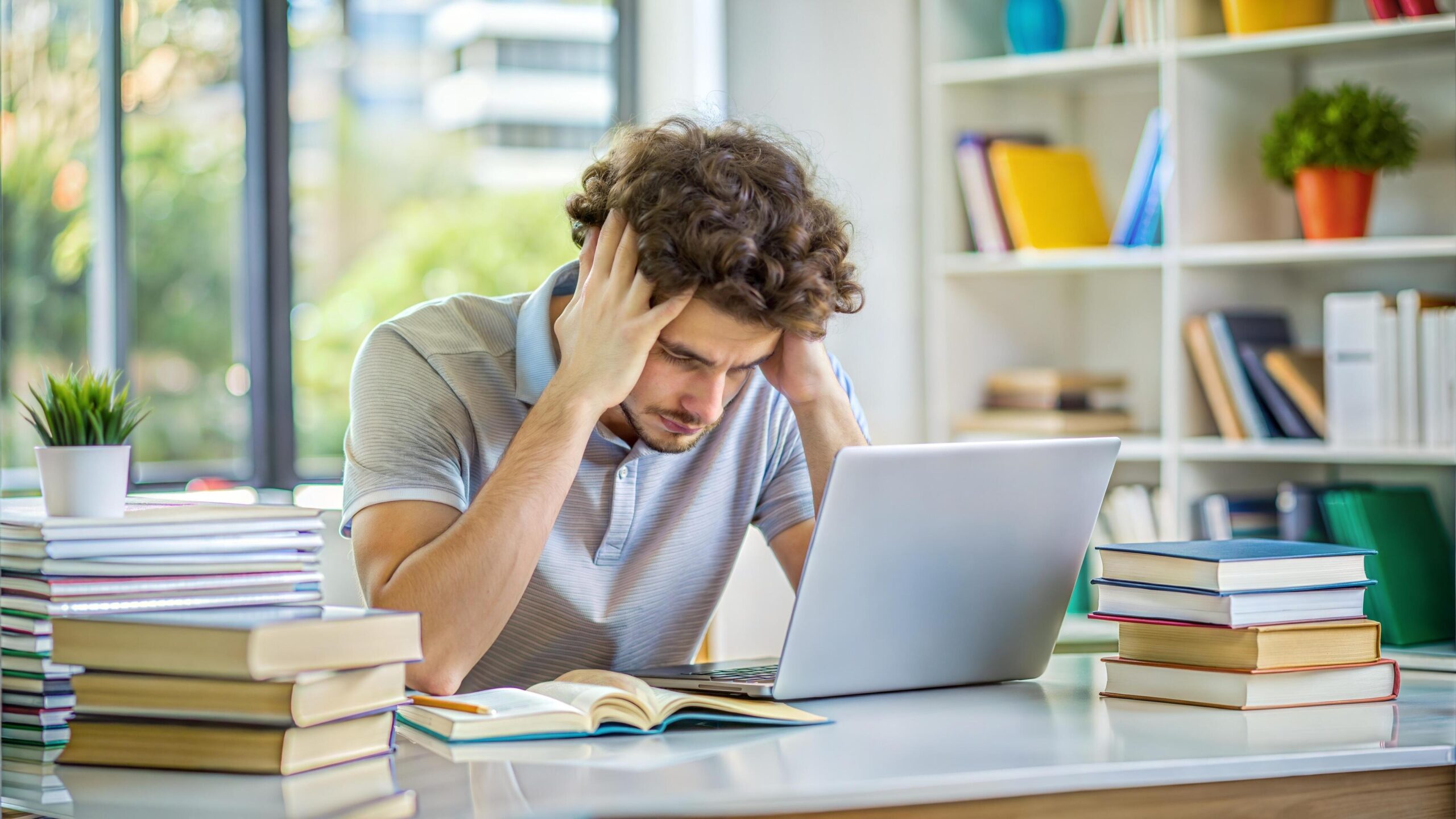 the student looking frustrated or stressed with a messy desk filled with textbooks notes and a computer free photo